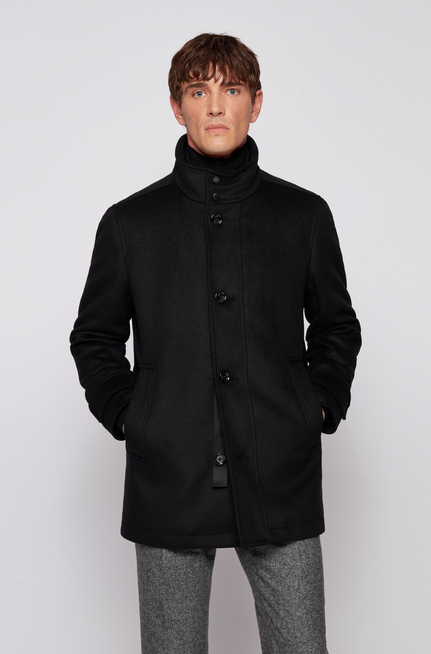 HUGO Marec2321 Cappotto Uomo: Lungo In Misto Poliestere Riciclato E Cotone, Con Cerniera, Nero